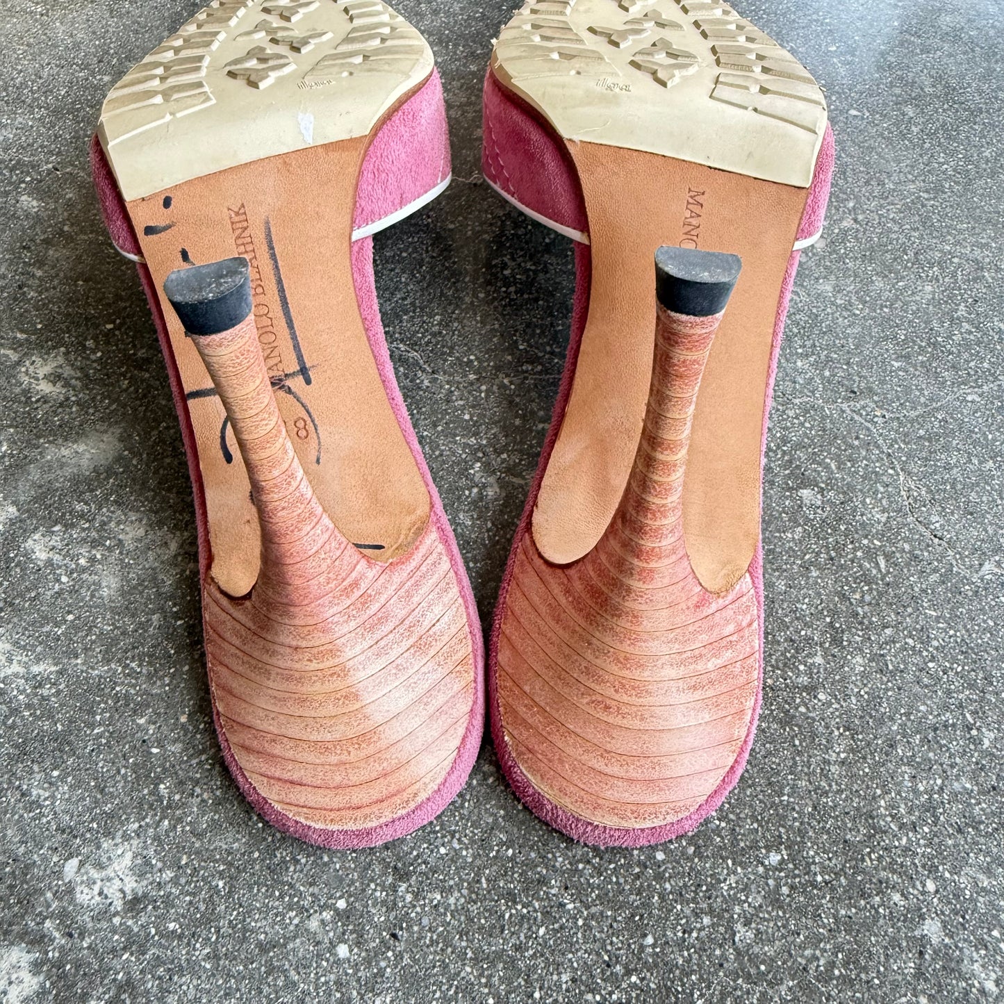 S/S2003 Pink Suede Manolo Blahnik Lace Up Mules - US 7.5