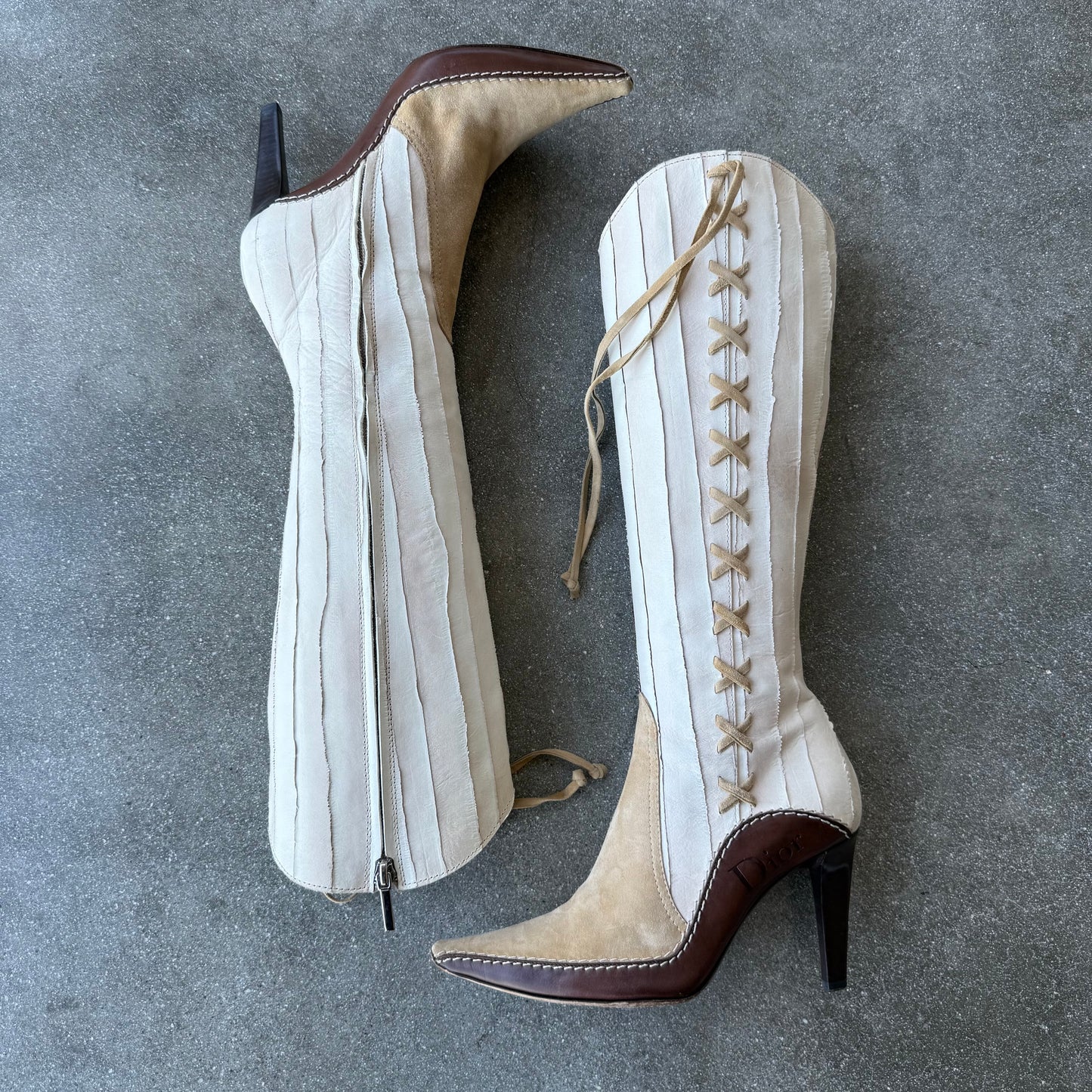 FW01 Galliano Dior Patchwork Leather + Suede Western Boots - US 6