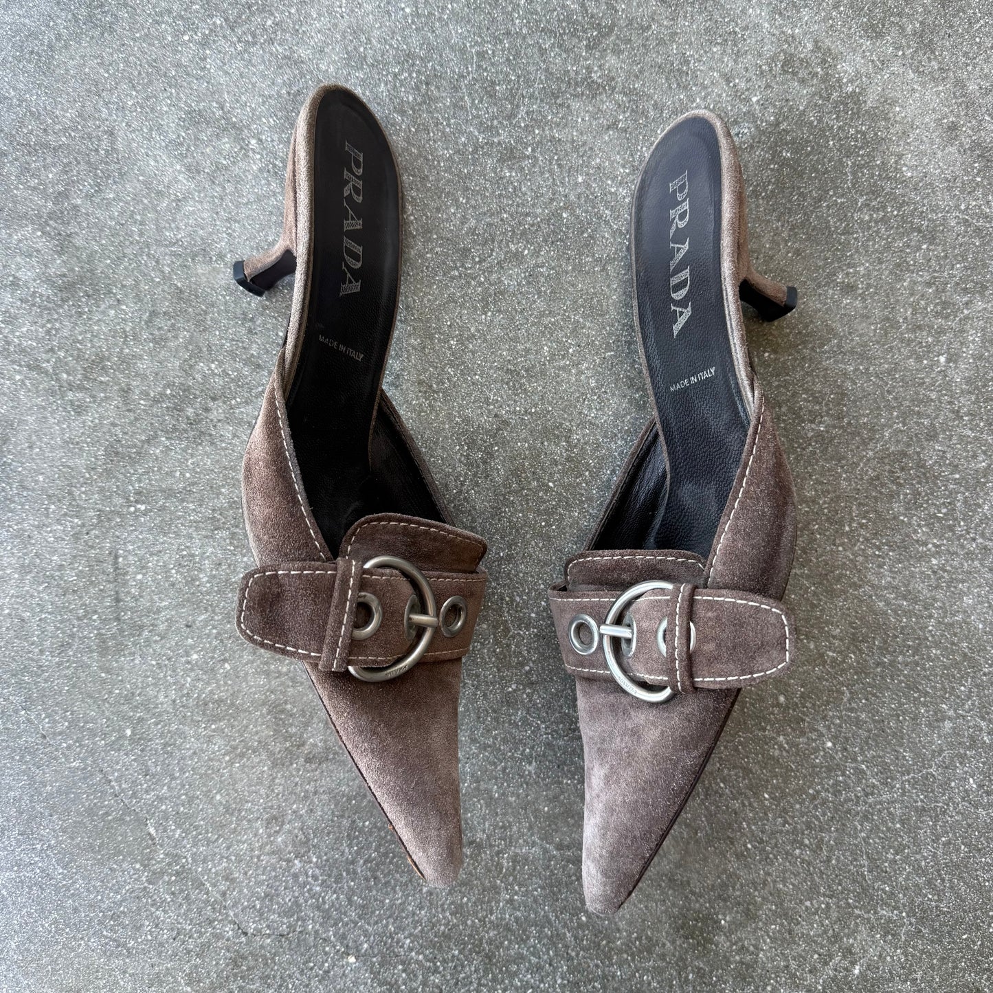 Spring 2002 Prada Taupe Suede Buckle Mules - US 8