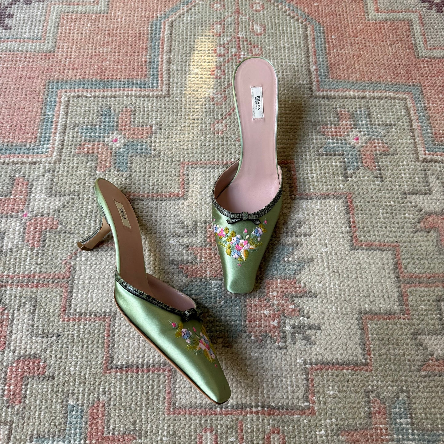 Y2K Prada Silk Satin Floral Lizard Mules - US 8