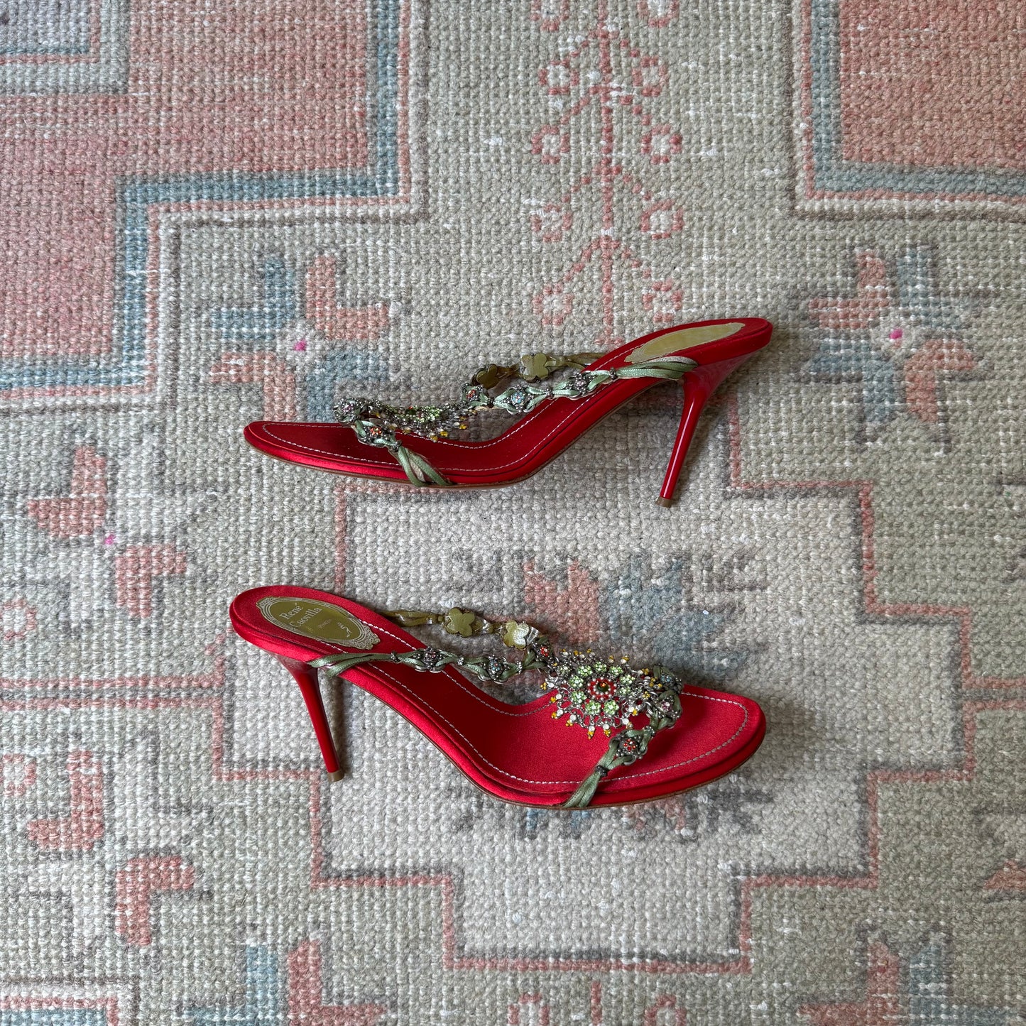 Y2K Red Silk Satin Jeweled René Caovilla Sandals - US 9