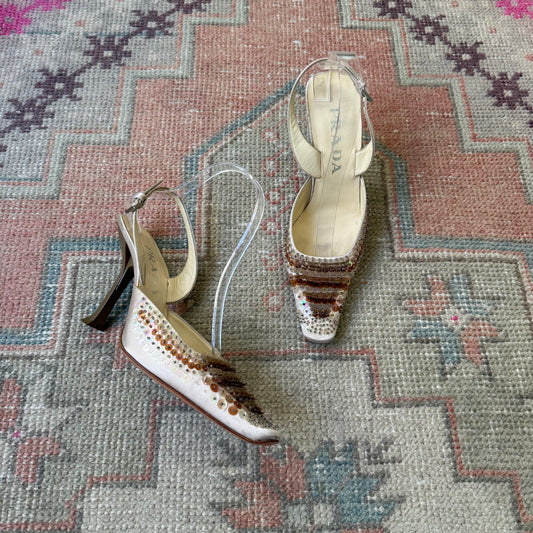 S/S1999 Prada Champagne Paillette Slingback Mules - US 7