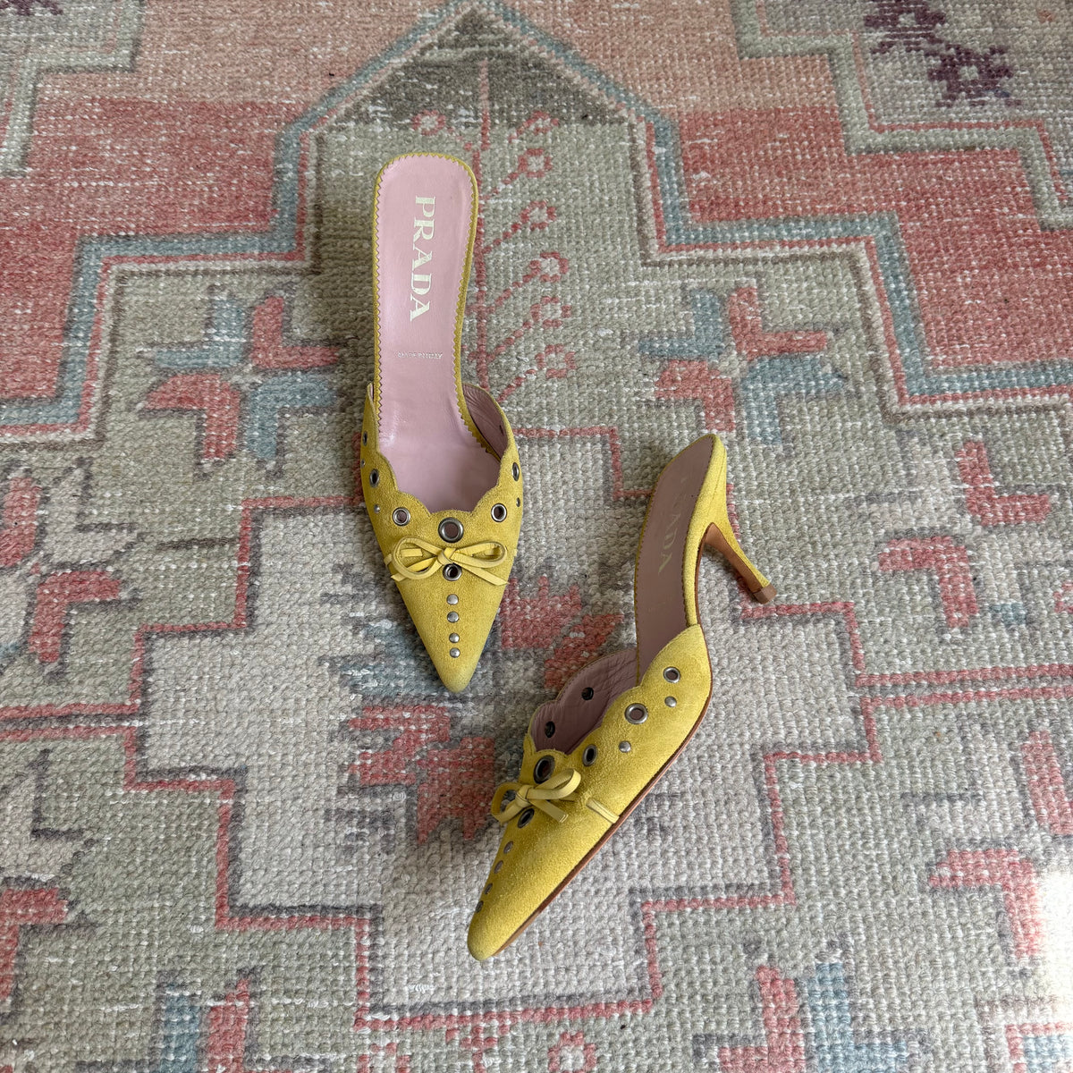 S/S2002 Prada Yellow Suede Grommet Mules - US 6.5