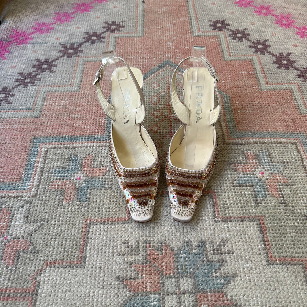 S/S1999 Prada Champagne Paillette Slingback Mules - US 7