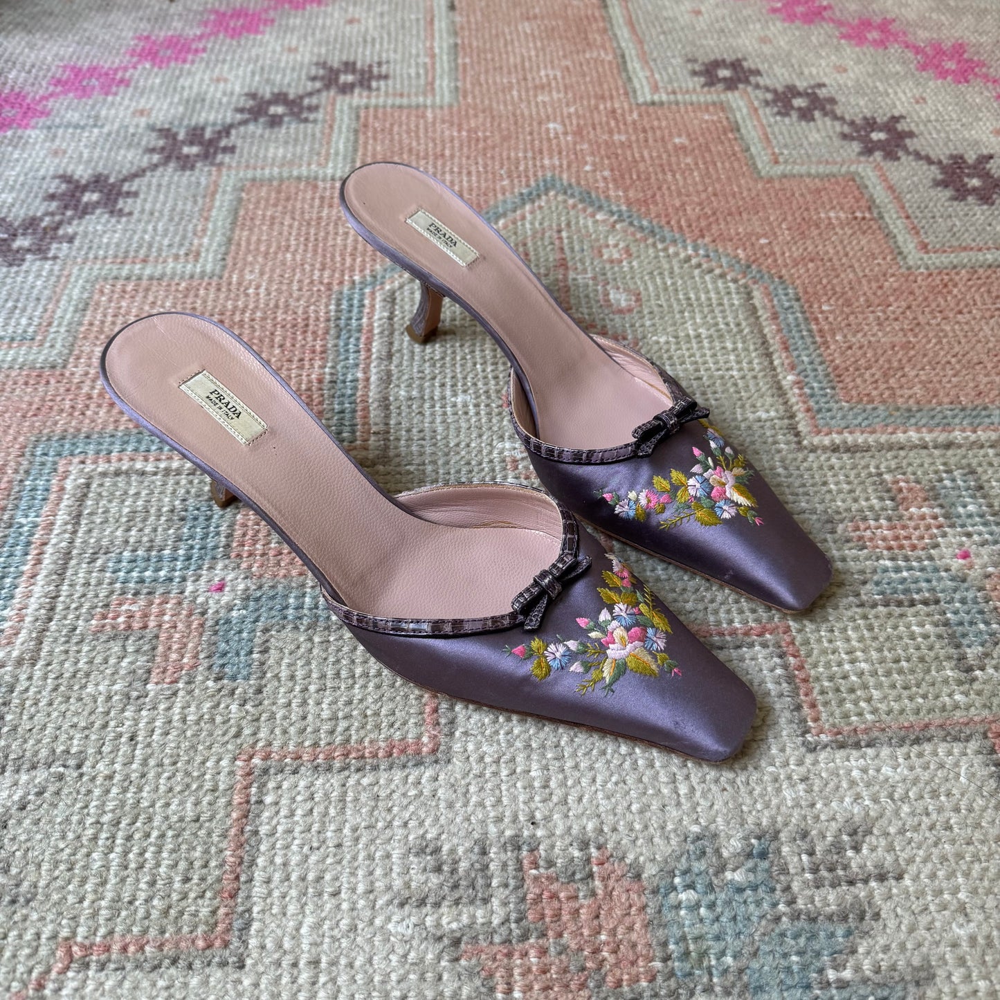 Y2K Prada Purple Silk Satin Floral Mules - US 8.5-9