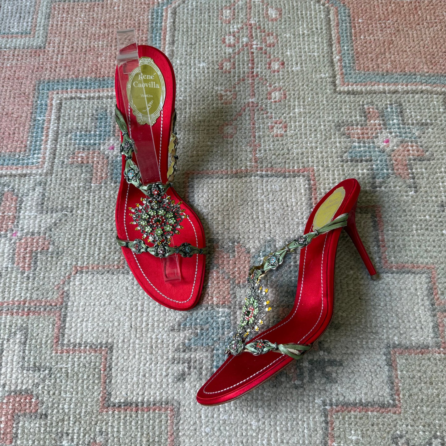Y2K Red Silk Satin Jeweled René Caovilla Sandals - US 9