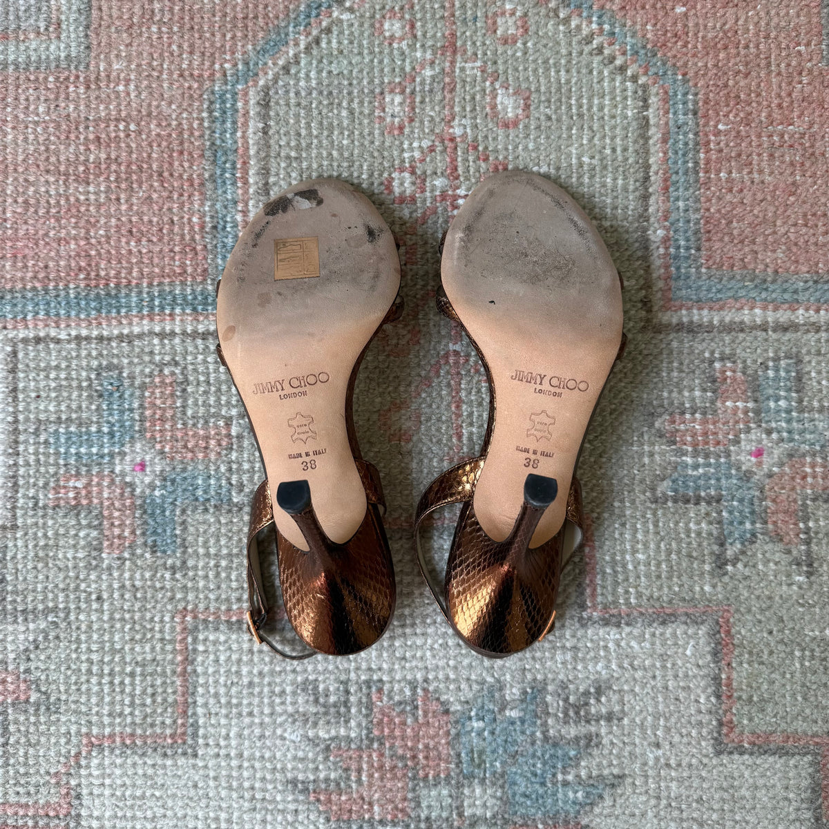 Y2K Bronze Jimmy Choo Snake-Embossed Sandals - US 7.5