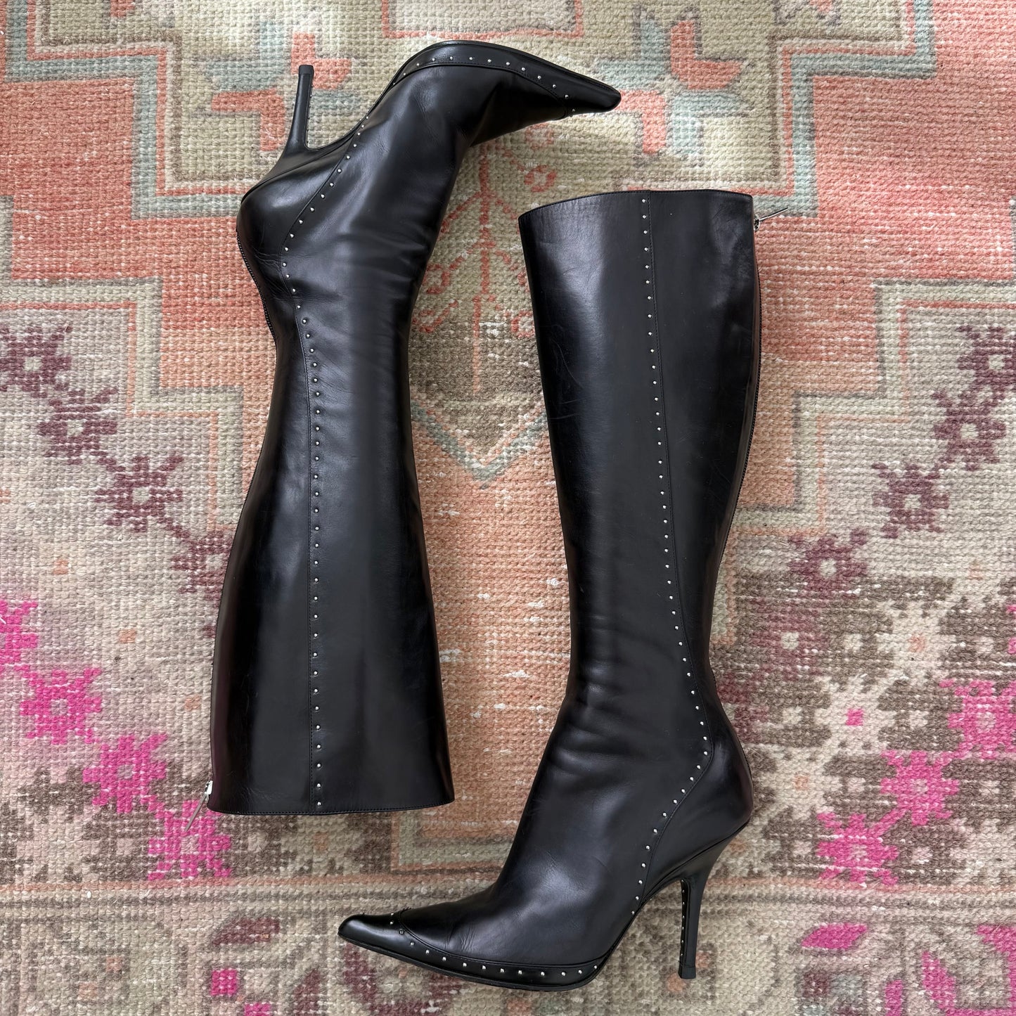 S/S2004 Galliano Dior Black Studded Leather Boots - US 7