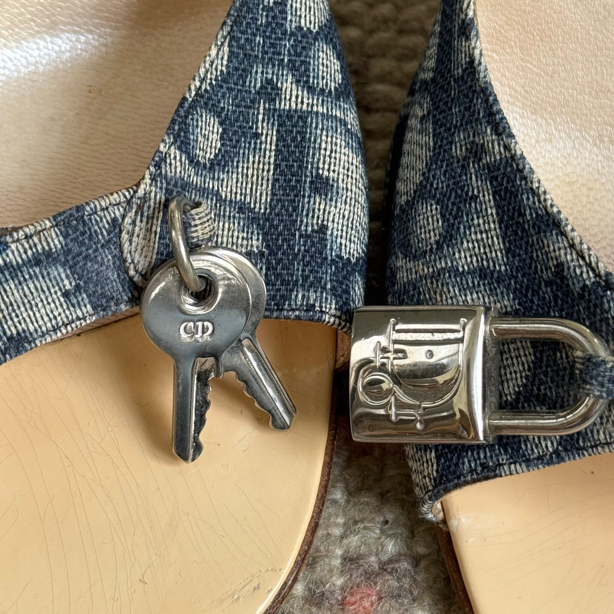 S/S2004 Galliano Dior Blue Lock & Key Mules - US 6.5