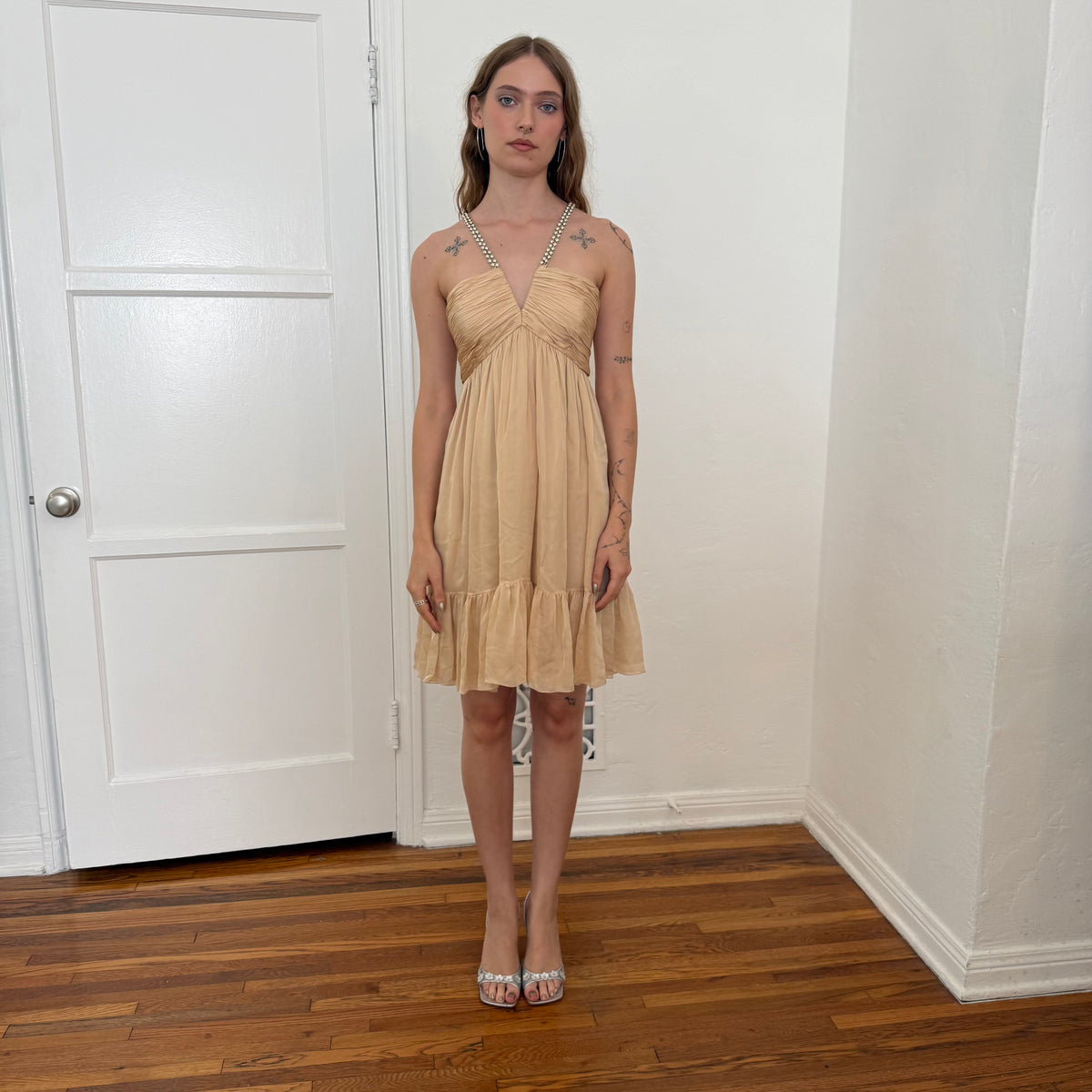 Y2K Roberto Cavalli Champagne Silk Baby Doll Dress - US 2
