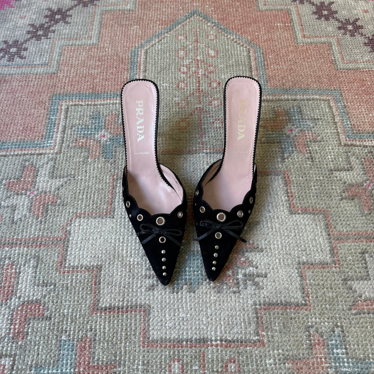 S/S2002 Prada Black Suede Grommet Mules - US 9.5