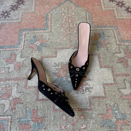 S/S2002 Prada Black Suede Grommet Mules - US 9.5