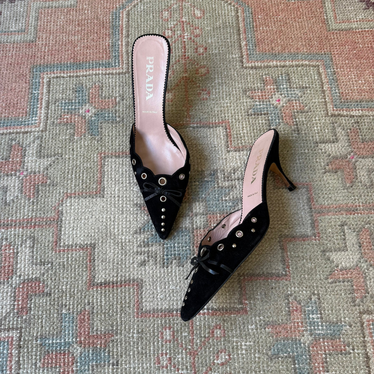 S/S2002 Prada Black Suede Grommet Mules - US 9.5