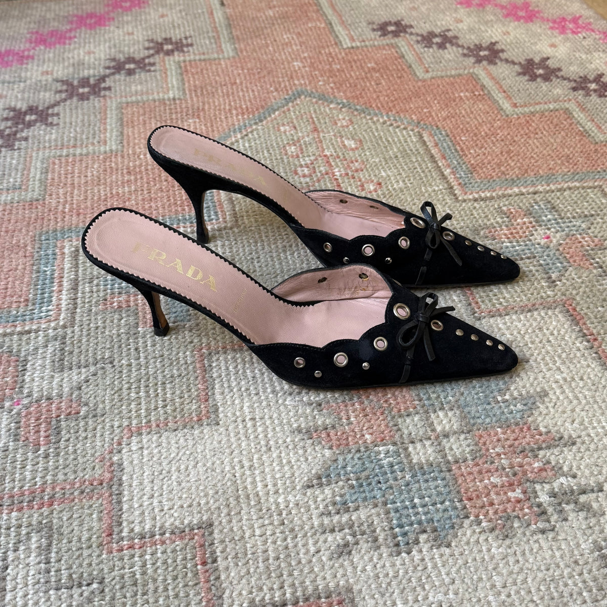 S/S2002 Prada Black Suede Grommet Mules - US 9.5