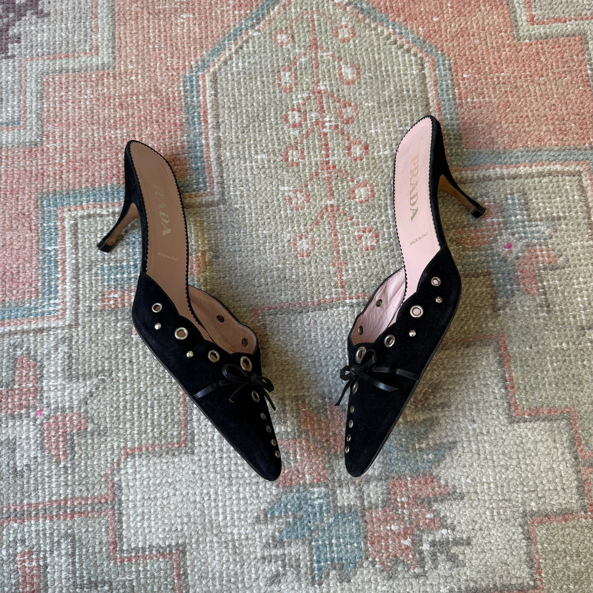 S/S2002 Prada Black Suede Grommet Mules - US 9.5